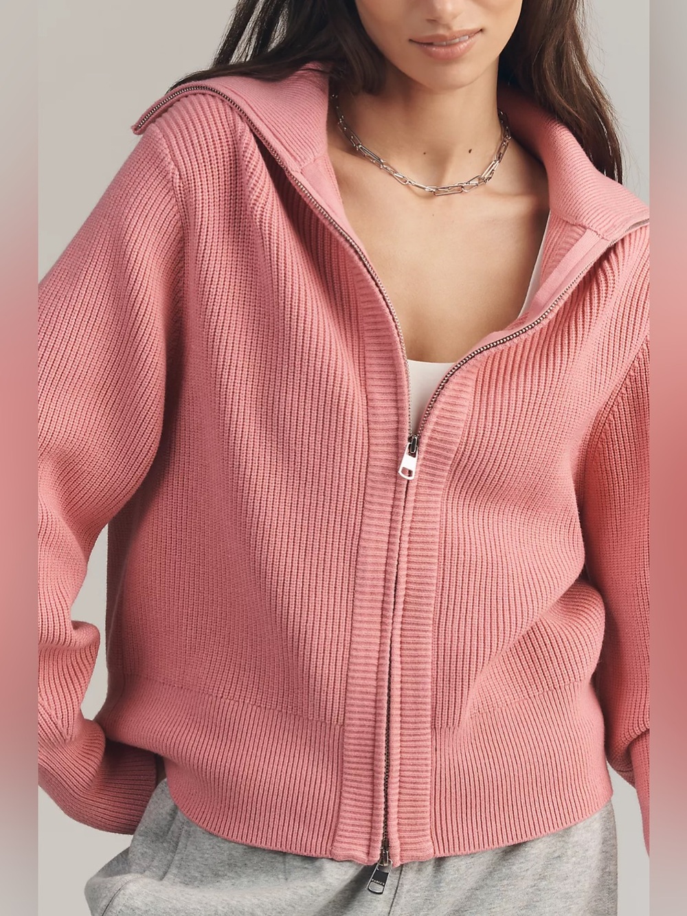 Varley Enrico Ribbed Knit Jacket in Sea Pink Zip-Front Sweater Sz: S
